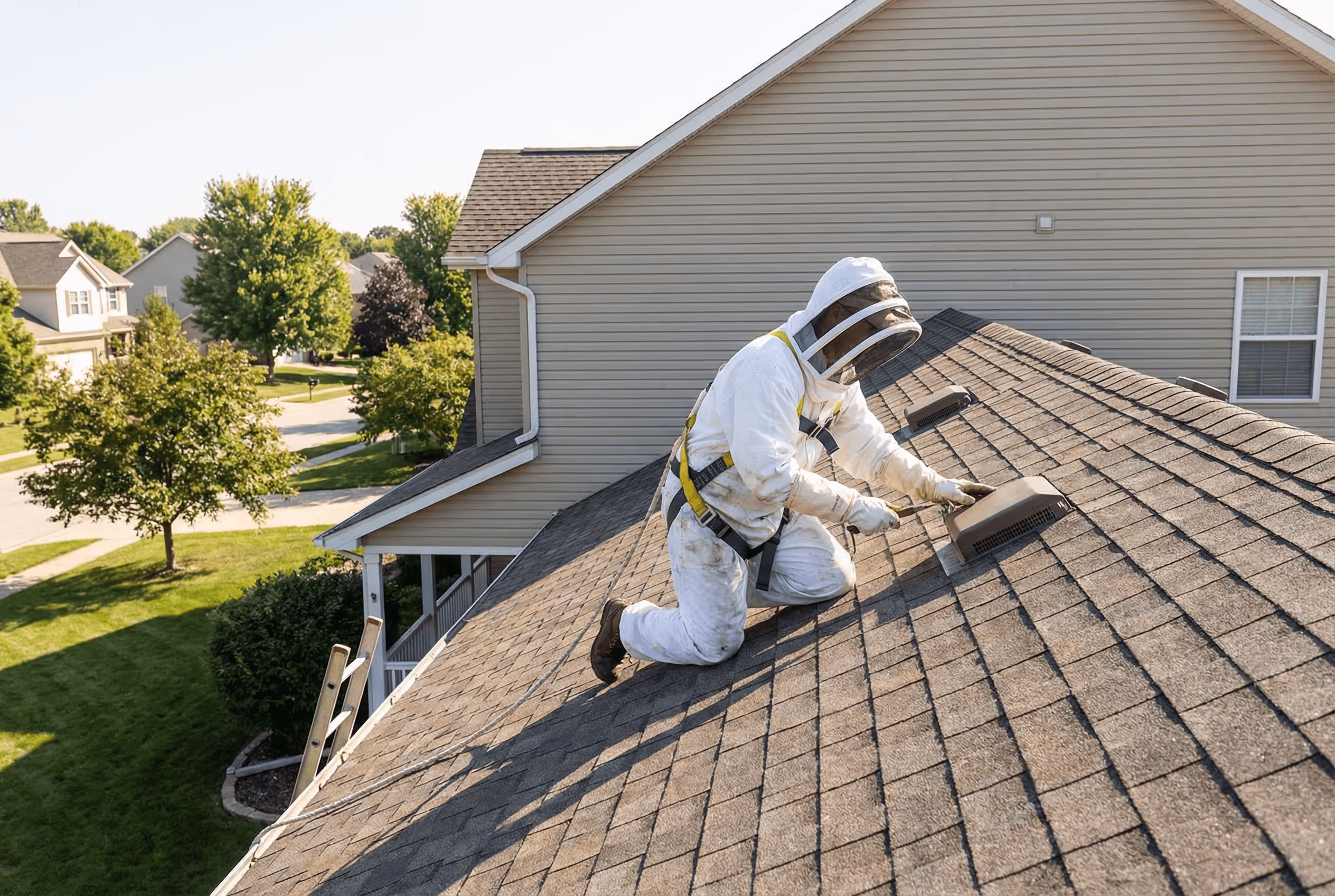 Technicien travaillant de manière sécurisée sur l'éradication d'un nid sur un toit.