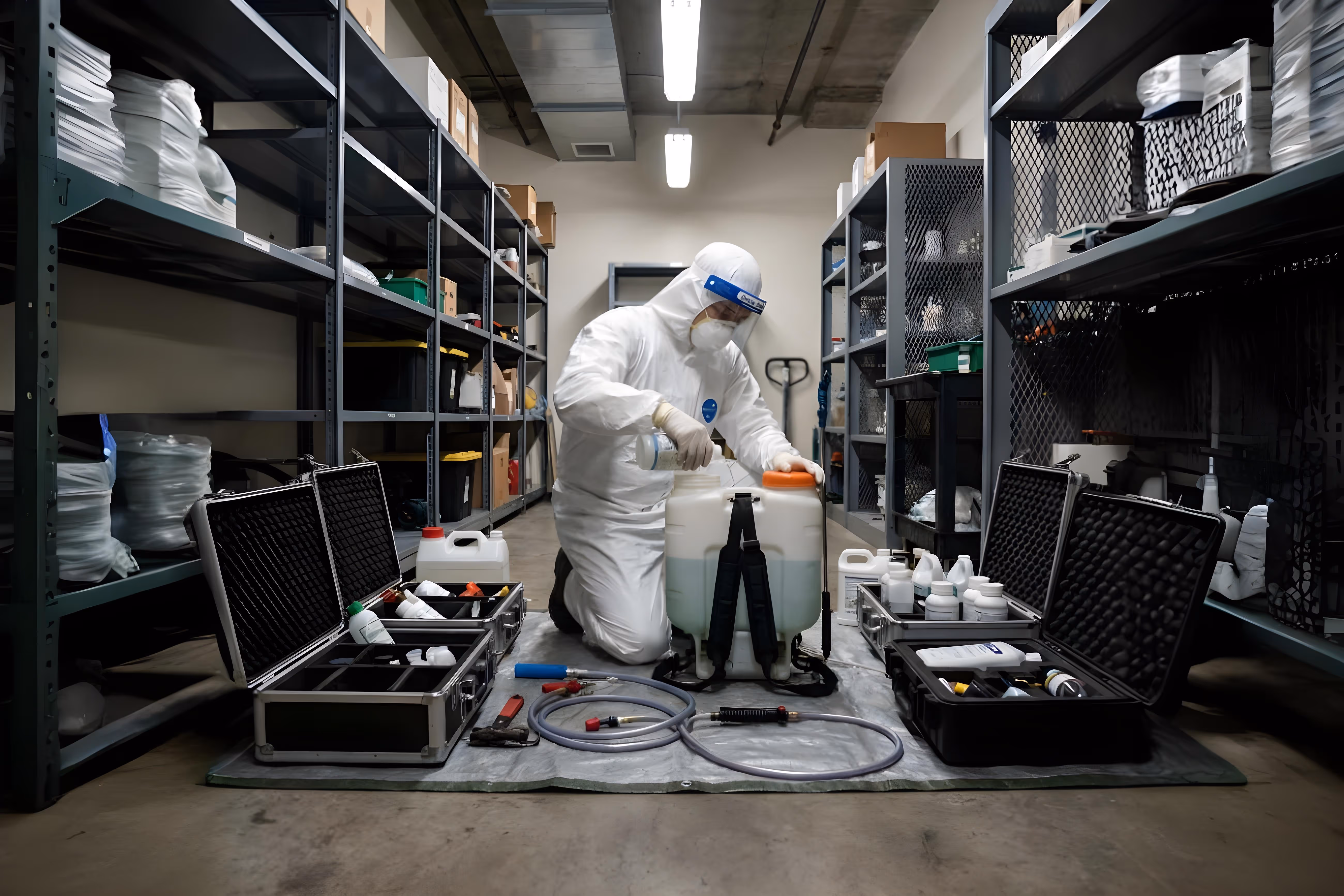 Un technicien prépare ses outils et produis dans son local pour faire une éradication